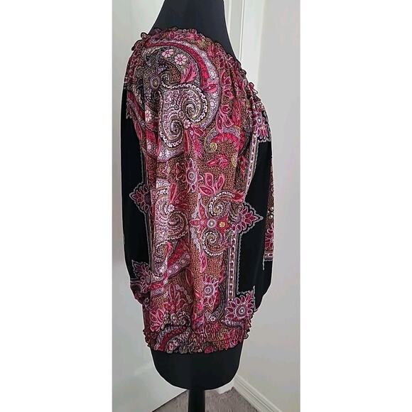 Boho Paisley Floral Puff Sleeve Blouse Pink Black Gypsy Romantic Top Sz L EUC - Picture 4 of 8